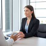A friendly insurance mediator actively listening to a client in a bright office setting, focusing on non-verbal cues and demonstrating empathy. The scene should convey trust and understanding.