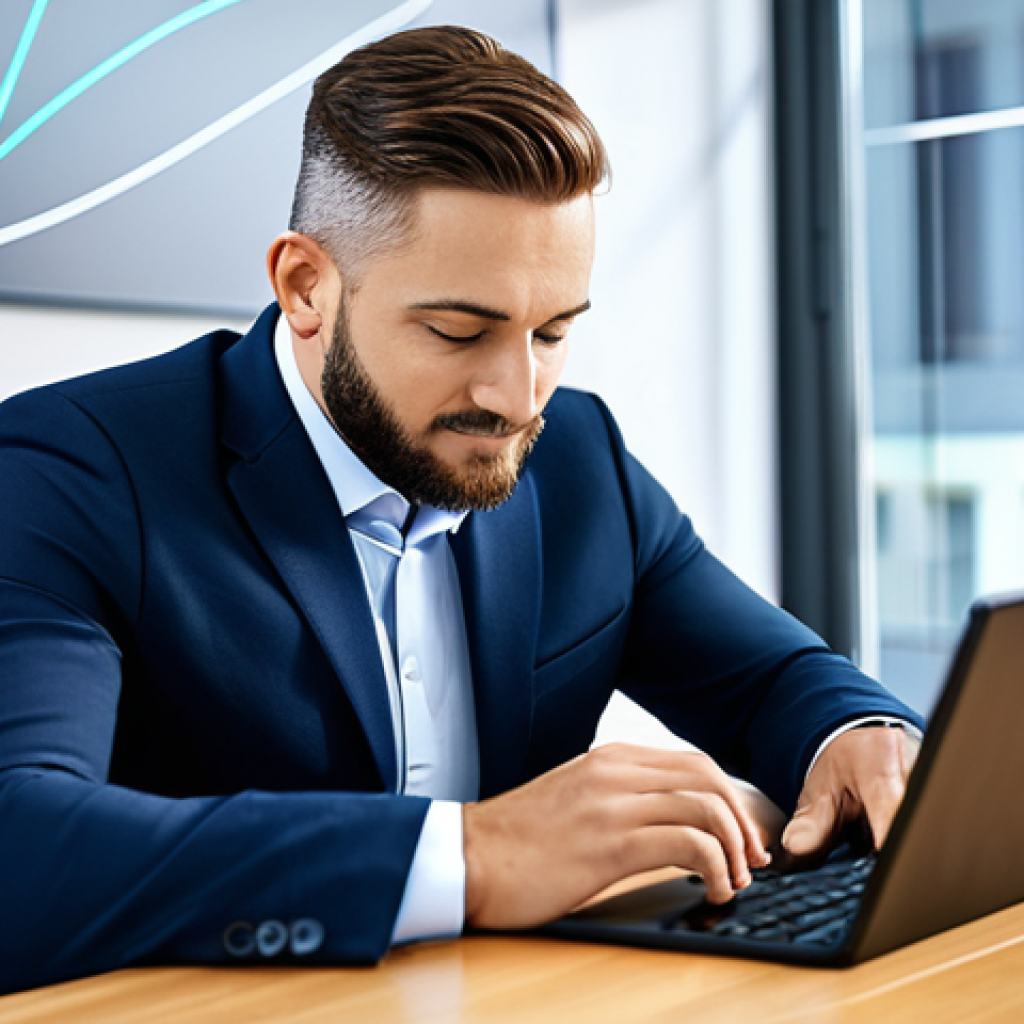 A professional male insurance broker, fully clothed in a modest business suit, sits at a modern office desk with a clean, ergonomic design. He is engaged in a natural pose, looking at a digital tablet that subtly displays abstract data visualizations, representing advanced CRM insights. The background features a bright, high-tech office environment with soft lighting, symbolizing a seamlessly integrated human and technological approach to client relationships. The scene emphasizes trust, personalized service, and professional interaction. safe for work, appropriate content, perfect anatomy, correct proportions, well-formed hands, proper finger count, natural body proportions, professional photography, high quality, professional dress, appropriate attire.