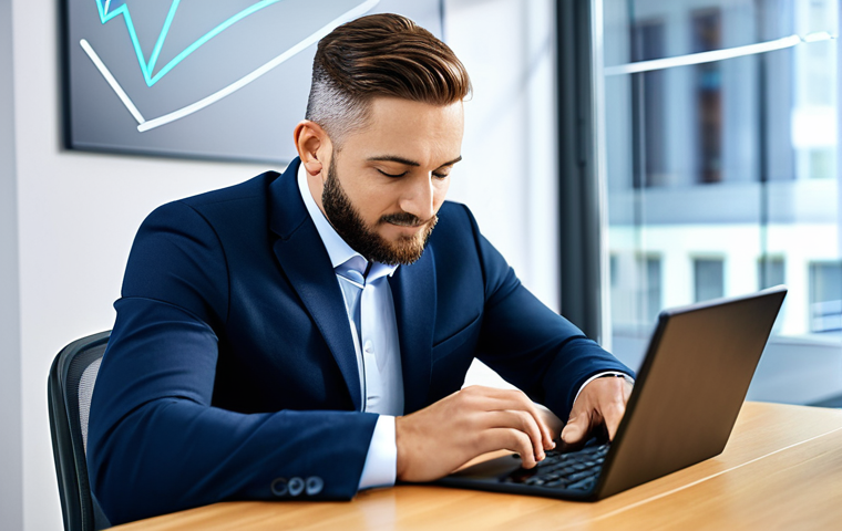 A professional male insurance broker, fully clothed in a modest business suit, sits at a modern office desk with a clean, ergonomic design. He is engaged in a natural pose, looking at a digital tablet that subtly displays abstract data visualizations, representing advanced CRM insights. The background features a bright, high-tech office environment with soft lighting, symbolizing a seamlessly integrated human and technological approach to client relationships. The scene emphasizes trust, personalized service, and professional interaction. safe for work, appropriate content, perfect anatomy, correct proportions, well-formed hands, proper finger count, natural body proportions, professional photography, high quality, professional dress, appropriate attire.