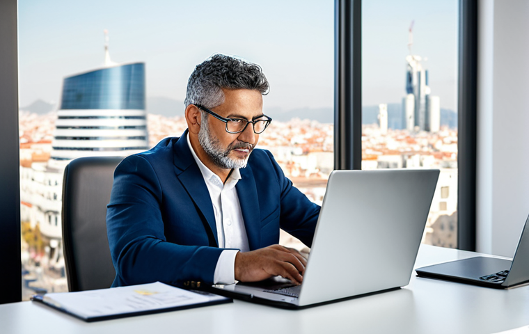 The Modern Insurance Broker**
A professional Spanish insurance broker, fully clothed in a modest business suit, working at a brightly lit desk in a modern, minimalist office in Madrid. The broker is using a laptop displaying insurance policy information. The background includes a blurred view of the city skyline through a large window. The overall scene suggests competence and technological proficiency. Safe for work, appropriate content, professional, family-friendly, perfect anatomy, natural proportions, well-formed hands, proper finger count.
**