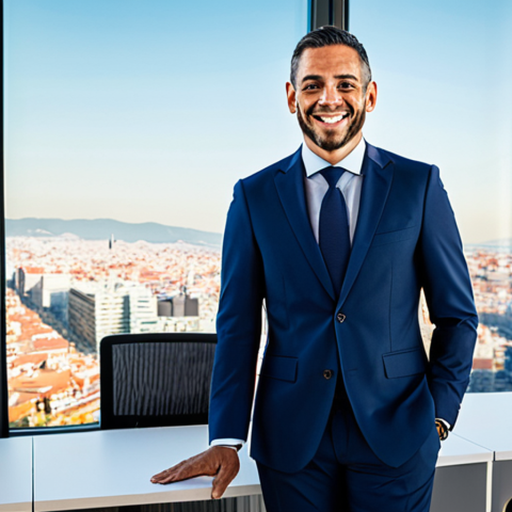 **

"A successful insurance broker in Madrid, Spain, wearing a tailored business suit, smiling confidently, standing in a modern office with a panoramic view of the city, fully clothed, appropriate attire, safe for work, professional, perfect anatomy, natural proportions, vibrant colors, high resolution."

**