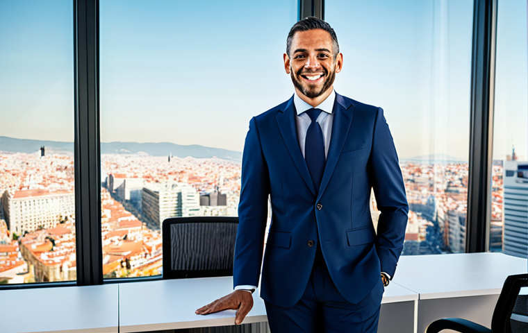 **

"A successful insurance broker in Madrid, Spain, wearing a tailored business suit, smiling confidently, standing in a modern office with a panoramic view of the city, fully clothed, appropriate attire, safe for work, professional, perfect anatomy, natural proportions, vibrant colors, high resolution."

**