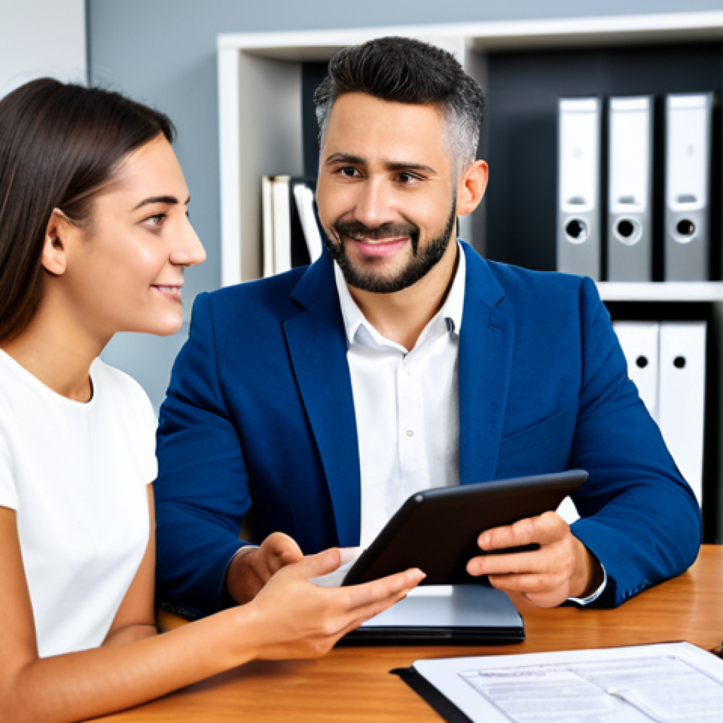 Personalized Insurance Consultation**
"A friendly insurance broker, fully clothed in professional attire, sitting at a desk in a bright, modern office, meeting with a young couple. They are reviewing different insurance options on a tablet. Background: shelves with insurance brochures and certificates. Safe for work. Appropriate content. Family-friendly. Perfect anatomy, correct proportions, natural pose, well-formed hands, proper finger count, natural body proportions, high quality, professional lighting. The scene conveys trust and personalized service in Spain. Modest clothing."
**