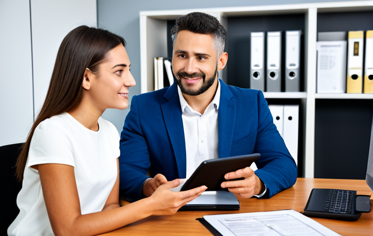 Personalized Insurance Consultation**

"A friendly insurance broker, fully clothed in professional attire, sitting at a desk in a bright, modern office, meeting with a young couple. They are reviewing different insurance options on a tablet.  Background: shelves with insurance brochures and certificates. Safe for work. Appropriate content. Family-friendly. Perfect anatomy, correct proportions, natural pose, well-formed hands, proper finger count, natural body proportions, high quality, professional lighting. The scene conveys trust and personalized service in Spain.  Modest clothing."

**