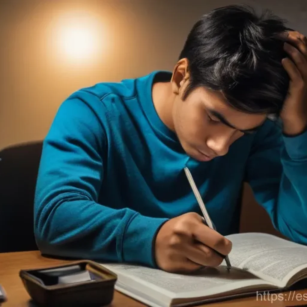보험중개사 시험 준비 중 슬럼프 극복법 - **Prompt:** A young adult student, appearing mentally exhausted and overwhelmed, sits hunched over a...