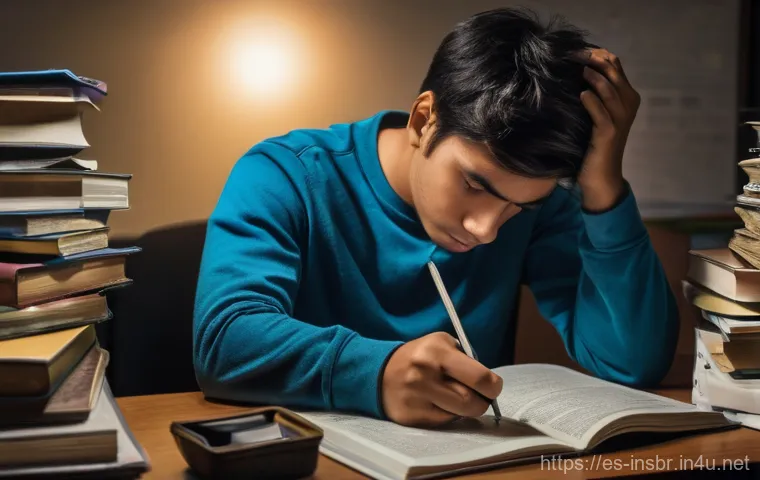 보험중개사 시험 준비 중 슬럼프 극복법 - **Prompt:** A young adult student, appearing mentally exhausted and overwhelmed, sits hunched over a...