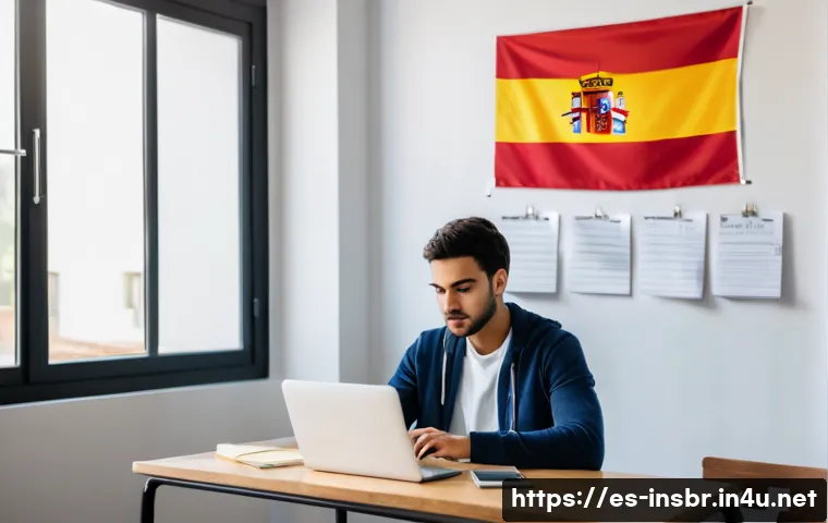 보험중개사 실기시험 준비 팁 - A focused Spanish-speaking student studying at a neat, well-lit desk with a laptop, textbooks about ...