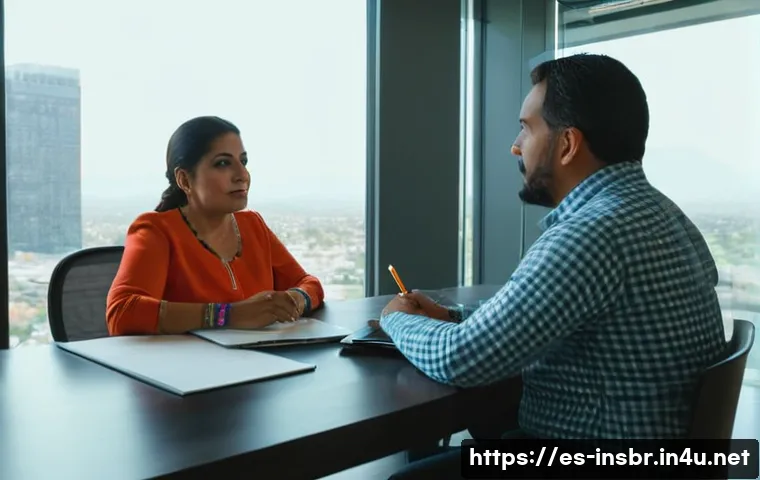 보험중개사와 고객 서비스의 차별화 전략 - A professional insurance agent attentively listening to a middle-aged Hispanic client in a bright, m...