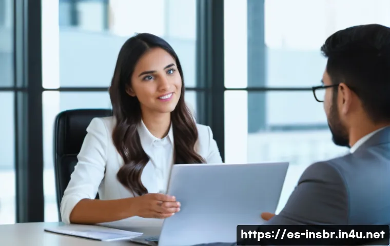 보험중개사와 관련된 고객 응대 성공 사례 - A professional insurance agent attentively listening to a young Hispanic client in a modern office s...