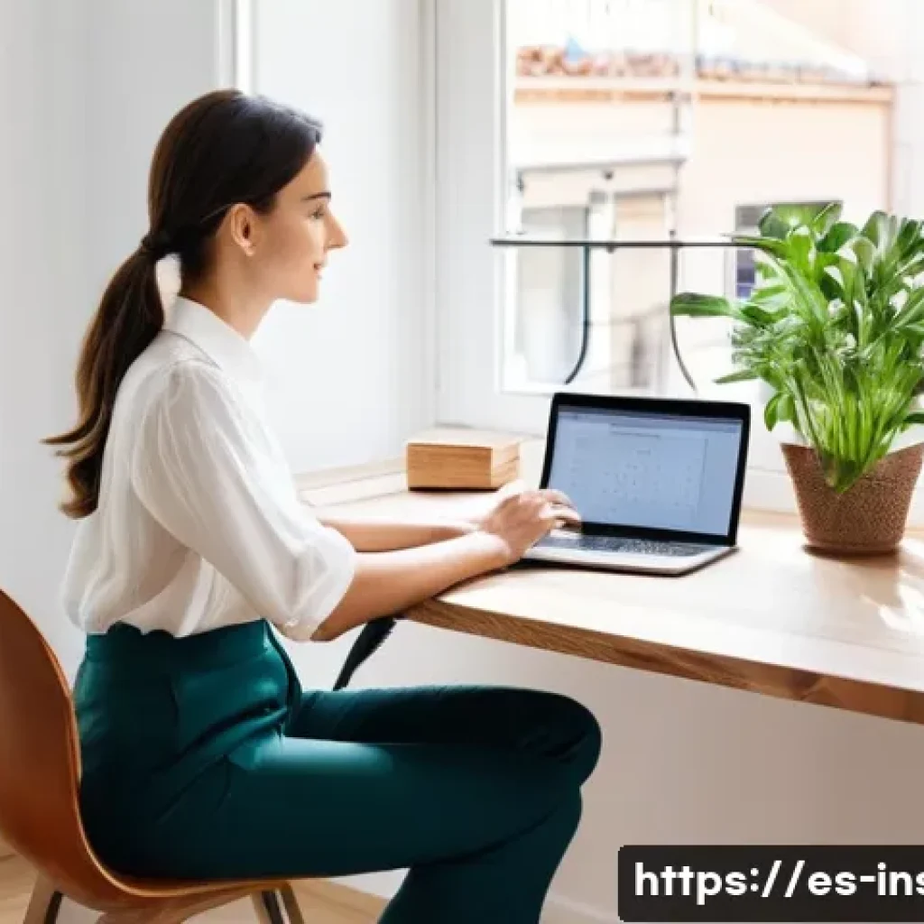 보험중개사로서의 일과 삶의 균형 유지 방법 - A bright, modern home office corner in a Spanish apartment, featuring a wooden desk with a laptop, p...
