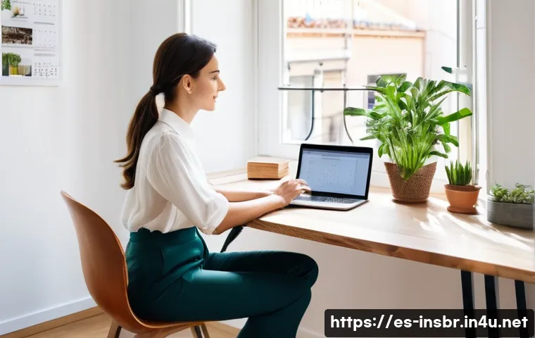 보험중개사로서의 일과 삶의 균형 유지 방법 - A bright, modern home office corner in a Spanish apartment, featuring a wooden desk with a laptop, p...