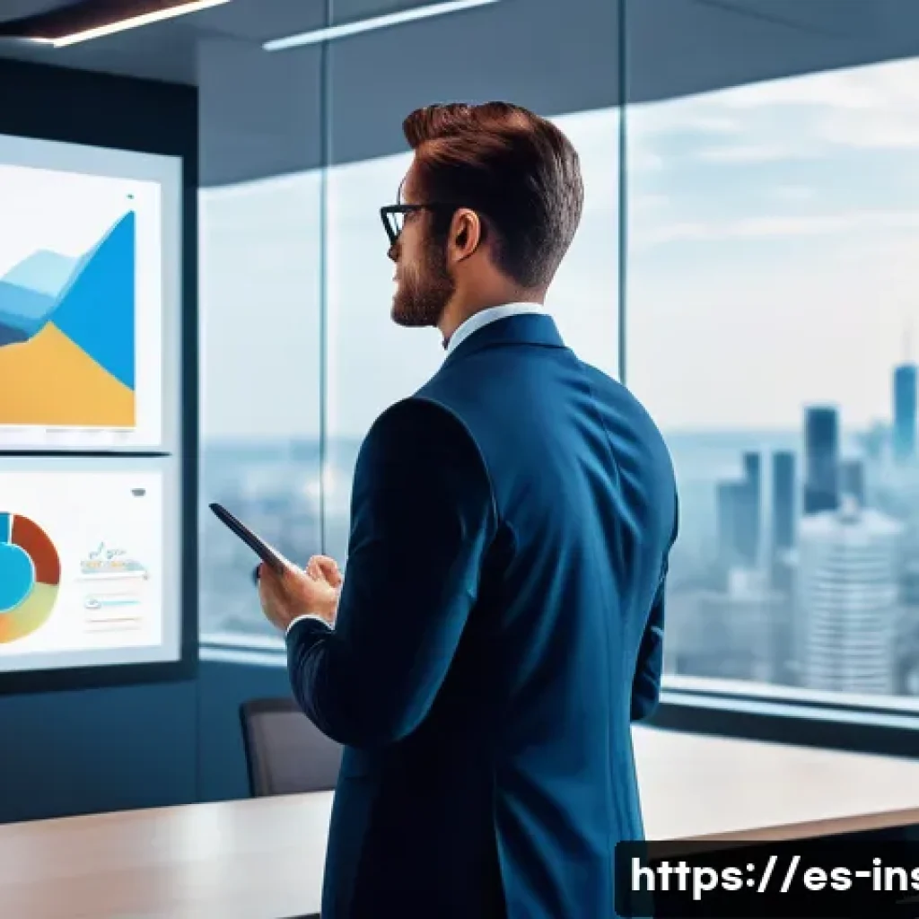 보험중개사와 관련된 최신 보험 상품 분석 - A modern insurance agent in a sleek office environment, using a large touchscreen digital dashboard ...