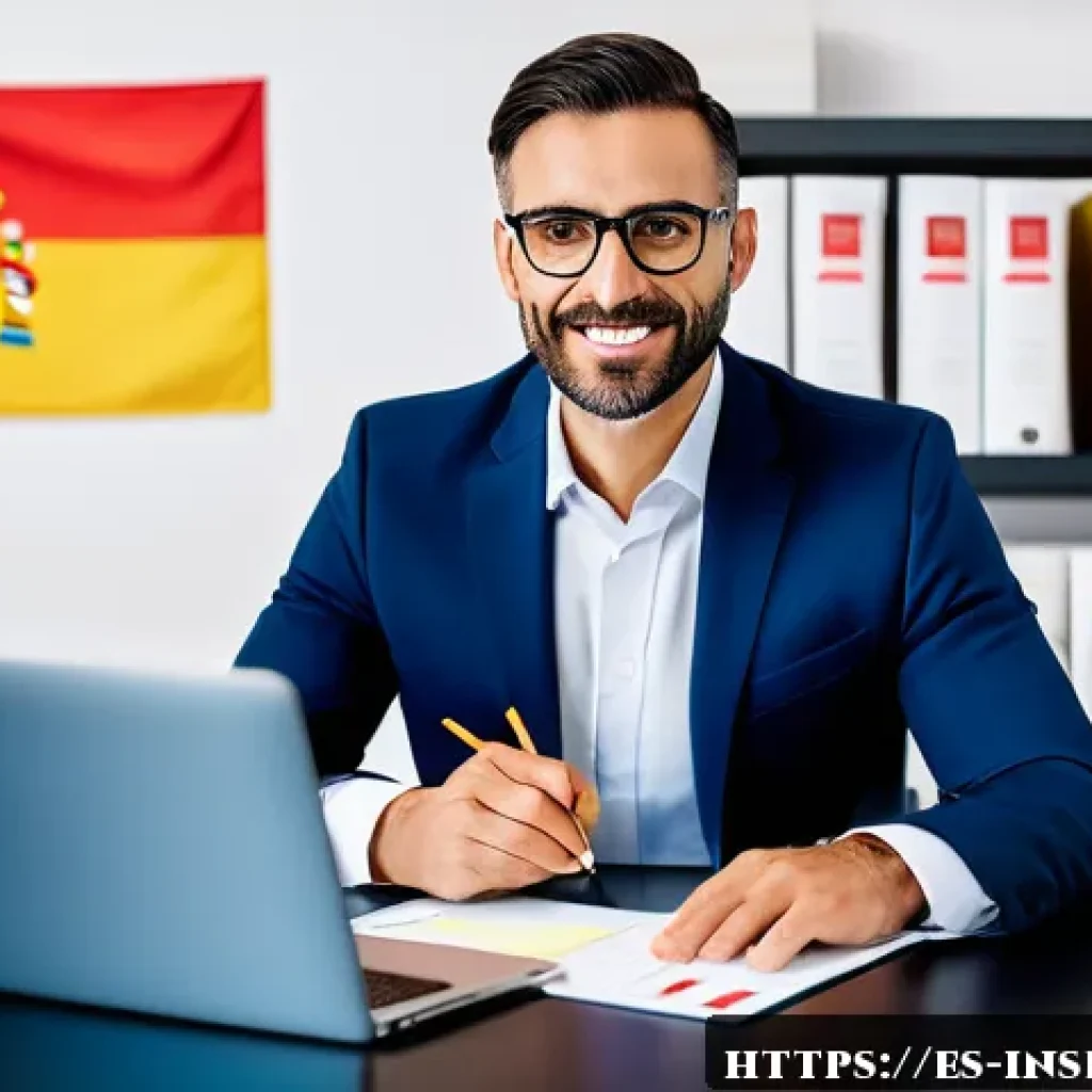 보험중개사 자격증 취득 후 창업 가능성 - A professional Spanish insurance broker in a modern office setting, confidently presenting a clear p...