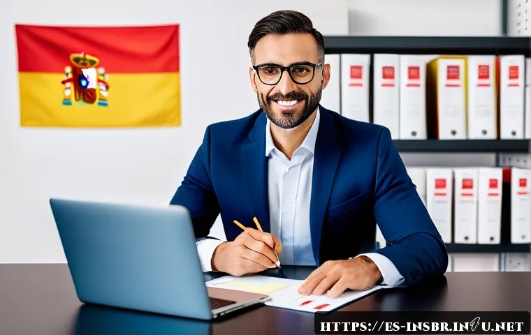 보험중개사 자격증 취득 후 창업 가능성 - A professional Spanish insurance broker in a modern office setting, confidently presenting a clear p...