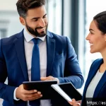 Home 22 보험중개사 시험 이후 전문성 강화 전략 - A professional insurance broker networking at a modern industry event in Madrid, Spain, engaging con...