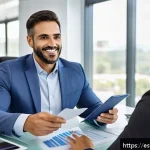 Home 19 보험중개사와 관련된 윤리 강령 이해하기 - A professional insurance broker in a modern office setting, sitting across from a Hispanic client co...