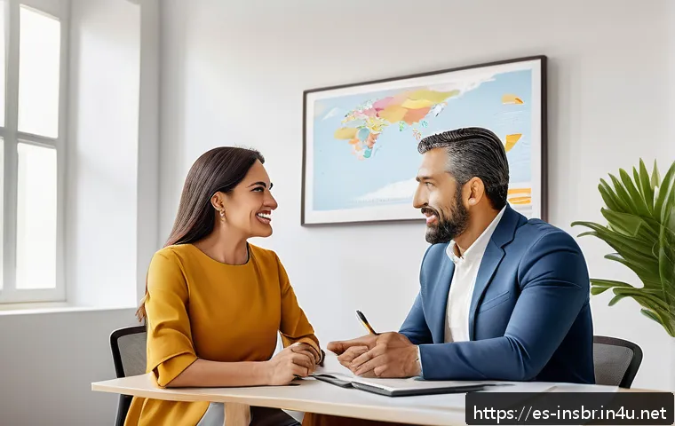 보험중개사와 관련된 실무 강의 및 세미나 - A professional Hispanic insurance agent in a modern office setting, engaging empathetically with a m...