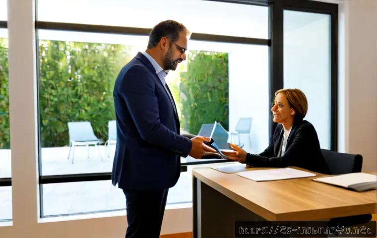 보험중개사와 관련된 최신 보험 기술 분석 - Photorealistic Spanish insurance broker in a modern Madrid office, using a tablet with abstract secu...