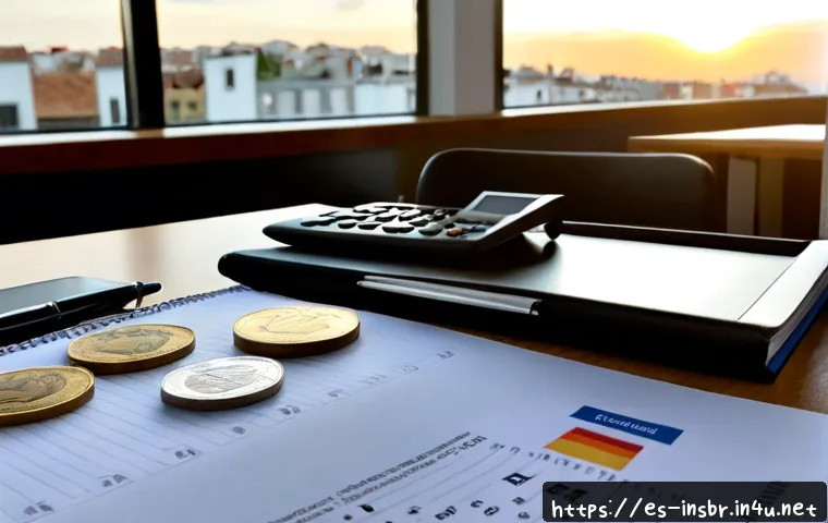 보험중개사 필수 교육 자료 리스트 - Photorealistic insurance broker training workspace in a modern Spanish office, organized binder fold...
